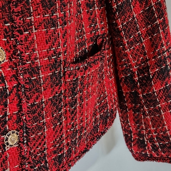NWT Adrianna Papell Women's Crew Neck Red Black Holiday Tweed Jacket Size M - Picture 4 of 10